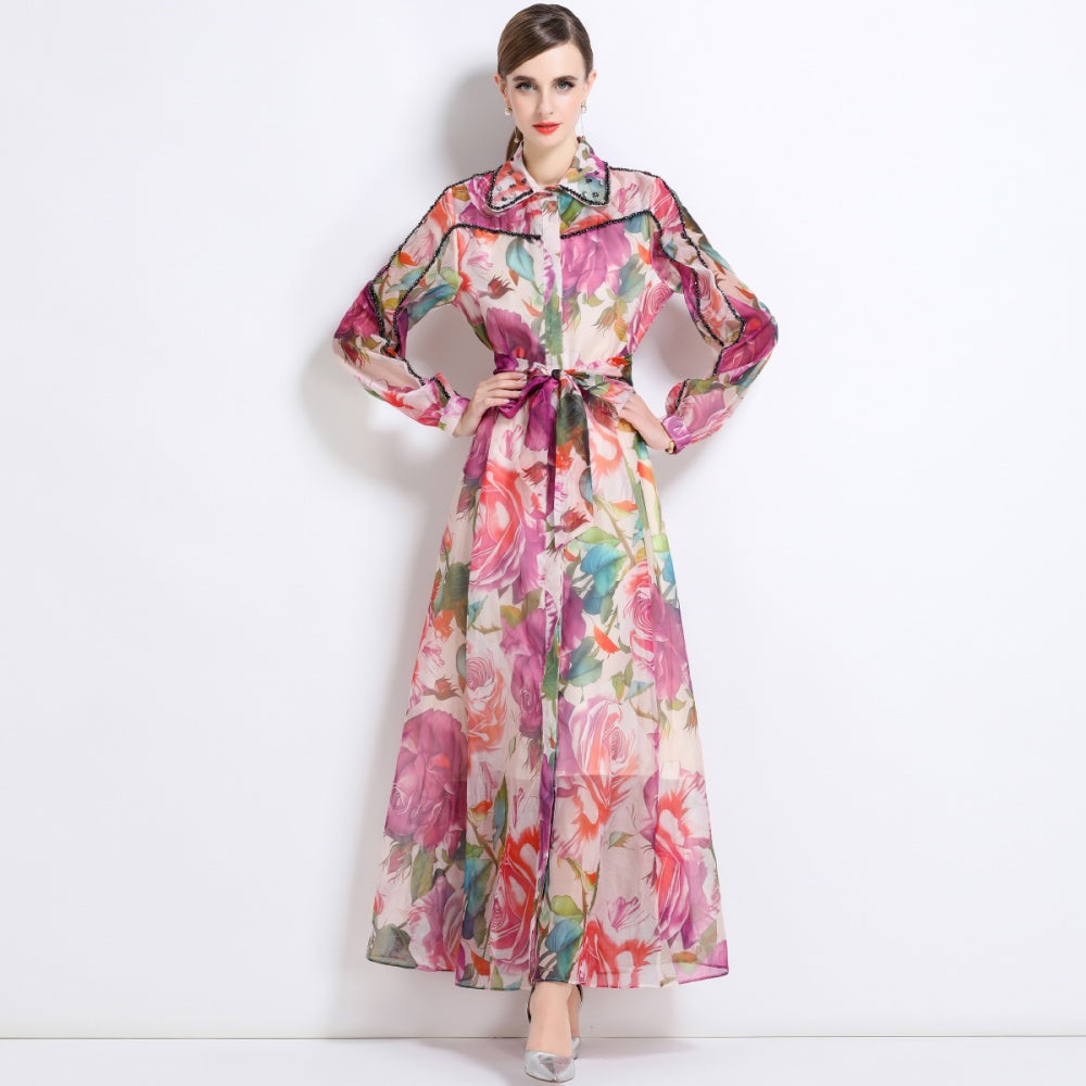 CM-DY051374 Women Trendy Bohemian Style Floral Print Collar Neckline Long Sleeve Maxi Dress