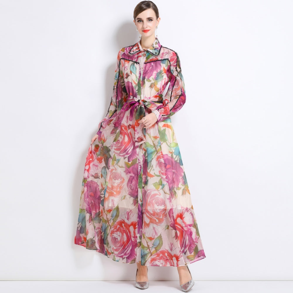 CM-DY051374 Women Trendy Bohemian Style Floral Print Collar Neckline Long Sleeve Maxi Dress