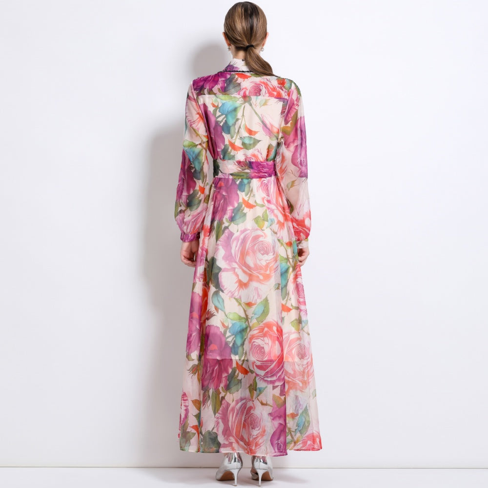 CM-DY051374 Women Trendy Bohemian Style Floral Print Collar Neckline Long Sleeve Maxi Dress