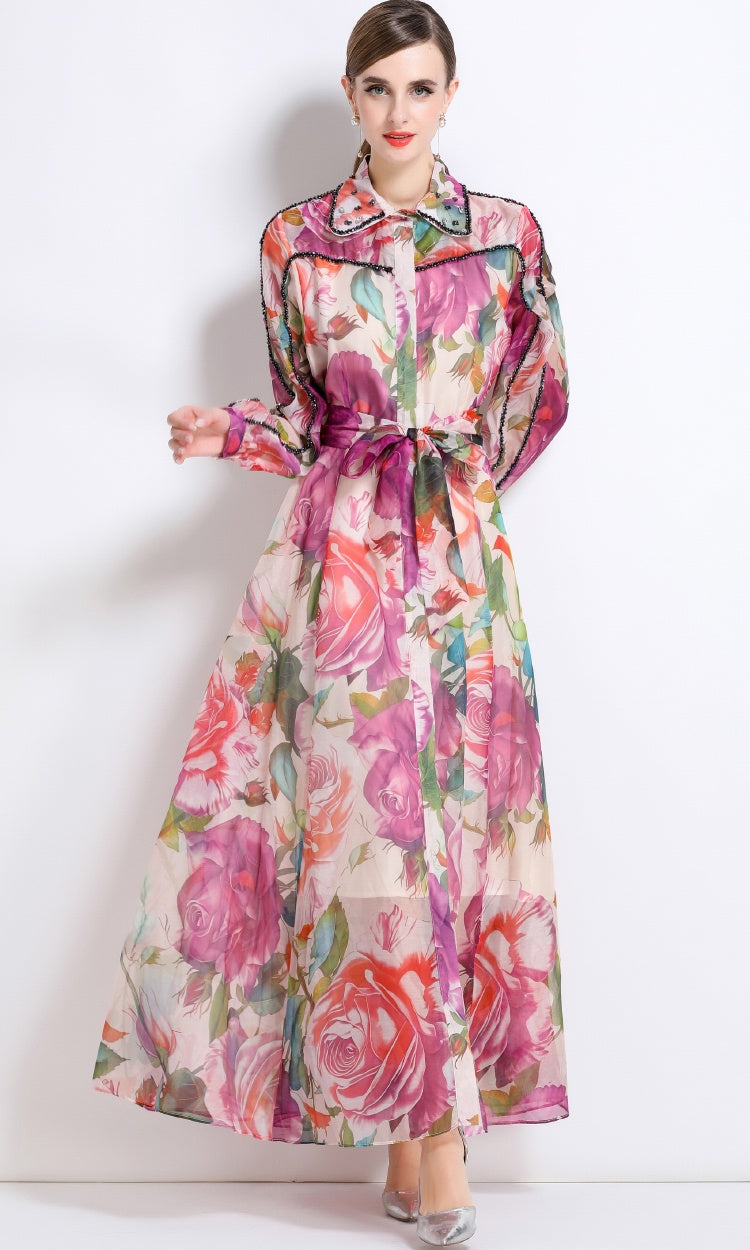CM-DY051374 Women Trendy Bohemian Style Floral Print Collar Neckline Long Sleeve Maxi Dress
