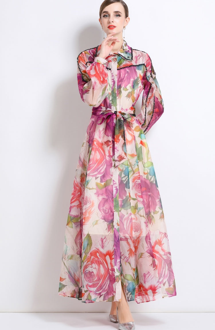 CM-DY051374 Women Trendy Bohemian Style Floral Print Collar Neckline Long Sleeve Maxi Dress