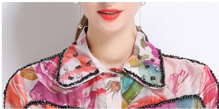 CM-DY051374 Women Trendy Bohemian Style Floral Print Collar Neckline Long Sleeve Maxi Dress