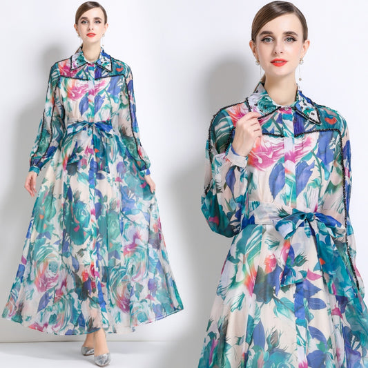 CM-DY051375 Women Trendy Bohemian Style Floral Print Collar Neckline Long Sleeve Maxi Dress