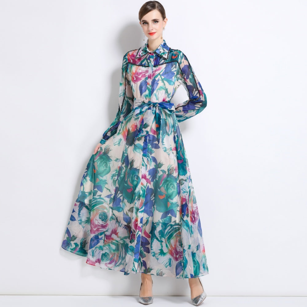 CM-DY051375 Women Trendy Bohemian Style Floral Print Collar Neckline Long Sleeve Maxi Dress