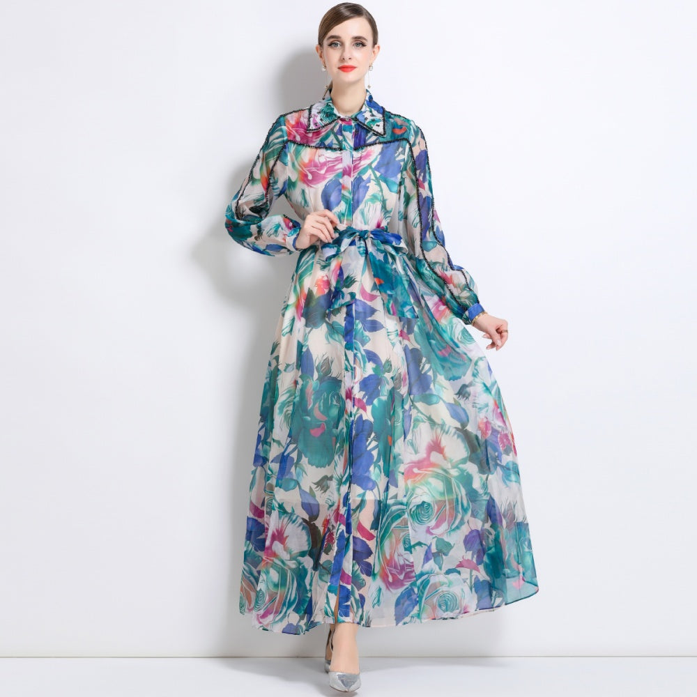 CM-DY051375 Women Trendy Bohemian Style Floral Print Collar Neckline Long Sleeve Maxi Dress