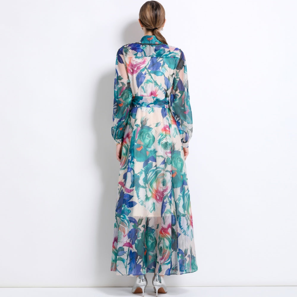 CM-DY051375 Women Trendy Bohemian Style Floral Print Collar Neckline Long Sleeve Maxi Dress
