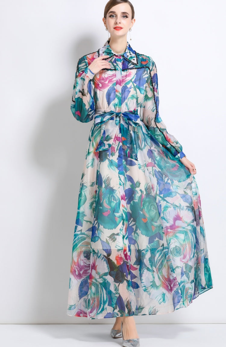 CM-DY051375 Women Trendy Bohemian Style Floral Print Collar Neckline Long Sleeve Maxi Dress