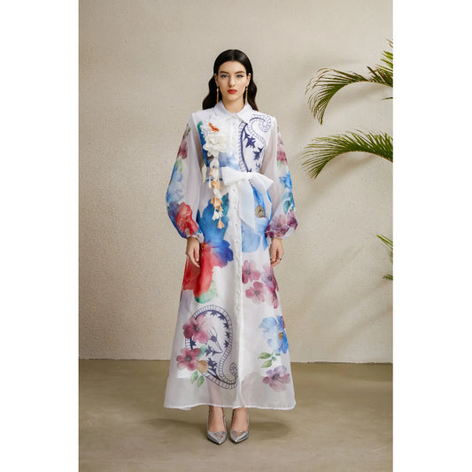 CM-DY051890 Women Elegant European Style All-Over Print Collar Neckline Long Sleeve Maxi Dress - White