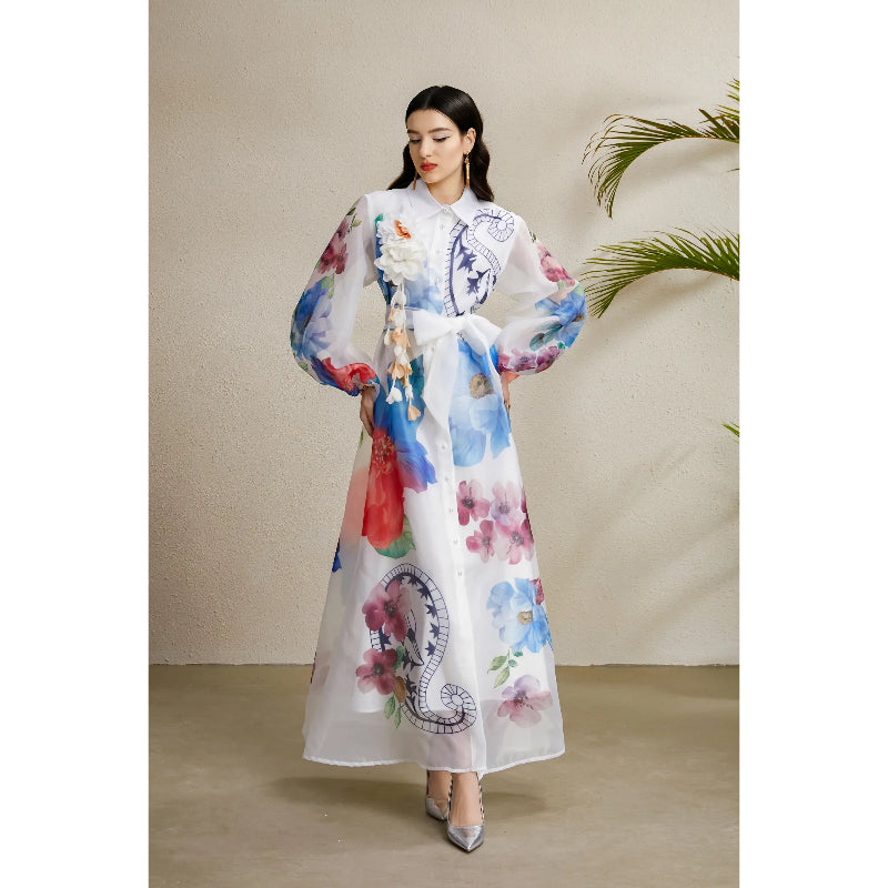 CM-DY051890 Women Elegant European Style All-Over Print Collar Neckline Long Sleeve Maxi Dress - White