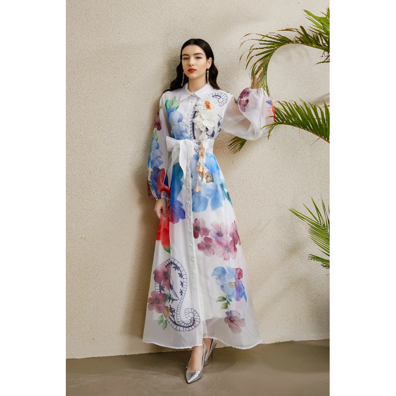 CM-DY051890 Women Elegant European Style All-Over Print Collar Neckline Long Sleeve Maxi Dress - White