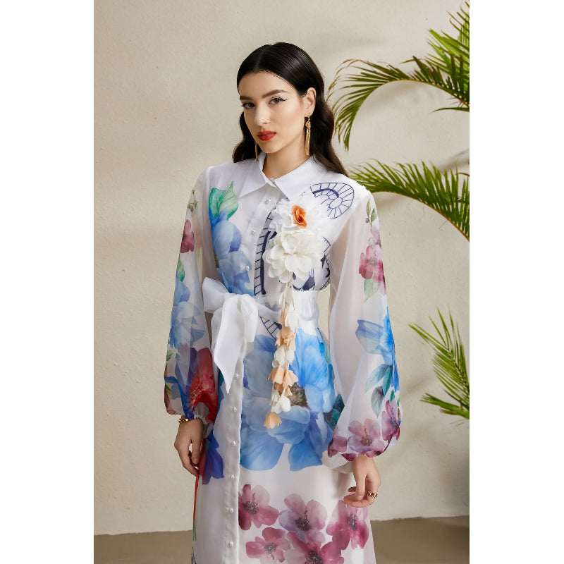 CM-DY051890 Women Elegant European Style All-Over Print Collar Neckline Long Sleeve Maxi Dress - White