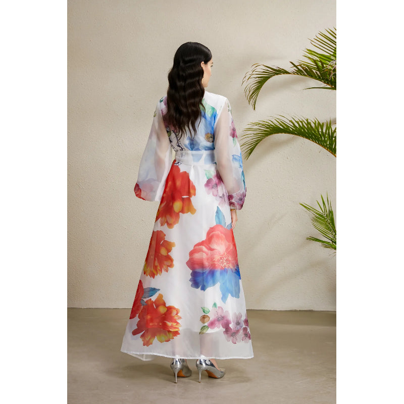 CM-DY051890 Women Elegant European Style All-Over Print Collar Neckline Long Sleeve Maxi Dress - White