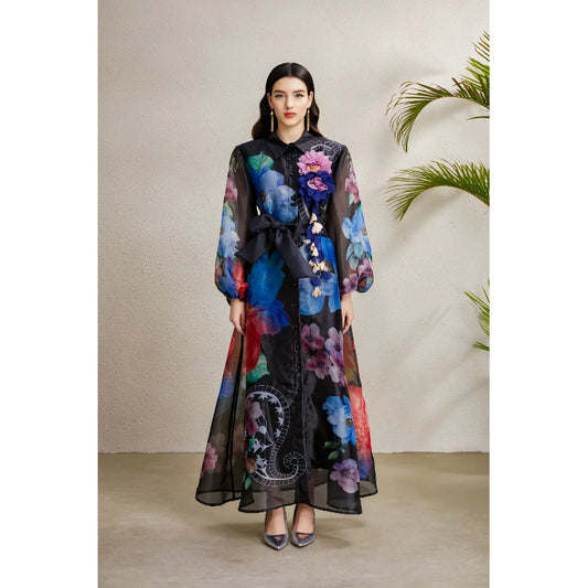 CM-DY051891 Women Elegant European Style All-Over Print Collar Neckline Long Sleeve Maxi Dress - Black