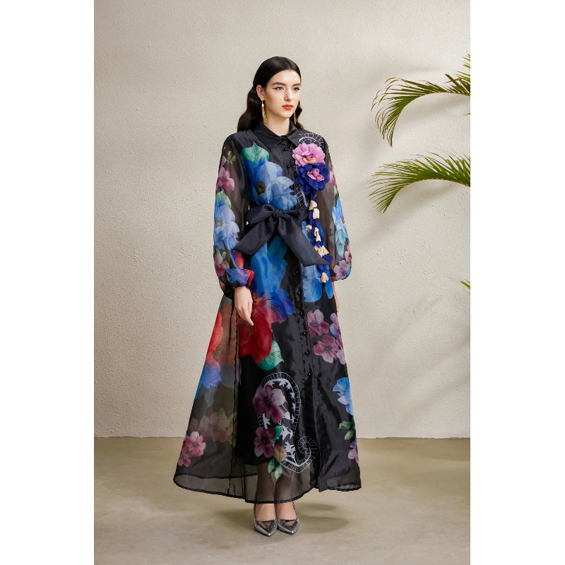 CM-DY051891 Women Elegant European Style All-Over Print Collar Neckline Long Sleeve Maxi Dress - Black