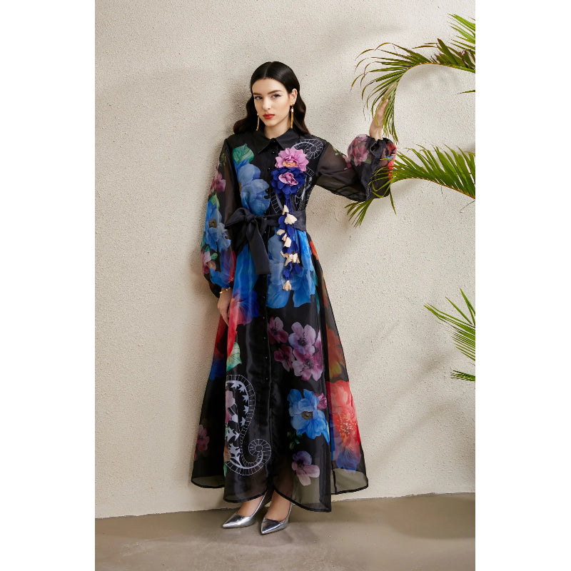 CM-DY051891 Women Elegant European Style All-Over Print Collar Neckline Long Sleeve Maxi Dress - Black