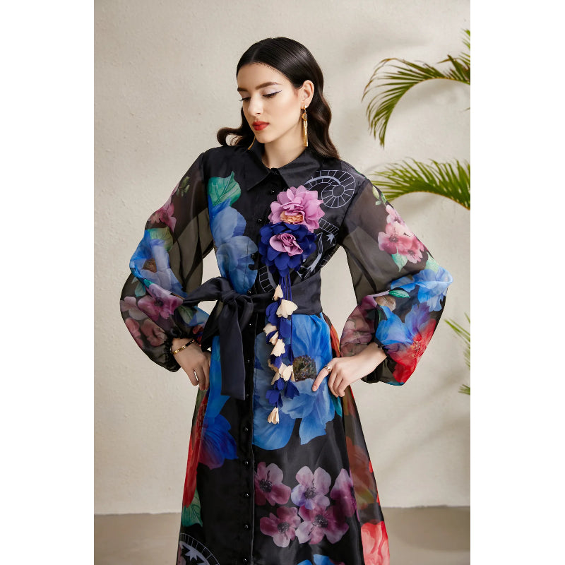 CM-DY051891 Women Elegant European Style All-Over Print Collar Neckline Long Sleeve Maxi Dress - Black