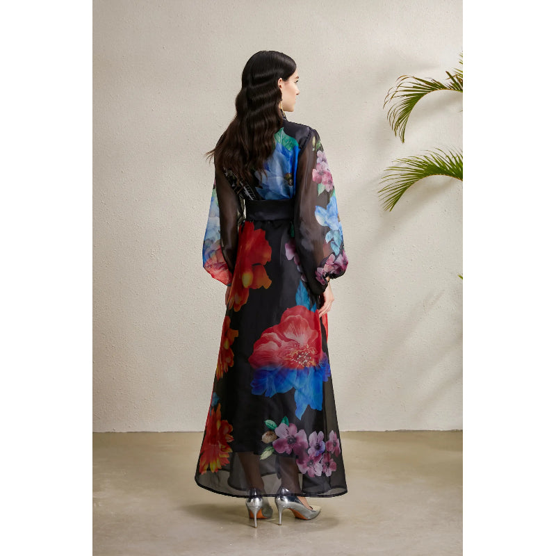 CM-DY051891 Women Elegant European Style All-Over Print Collar Neckline Long Sleeve Maxi Dress - Black