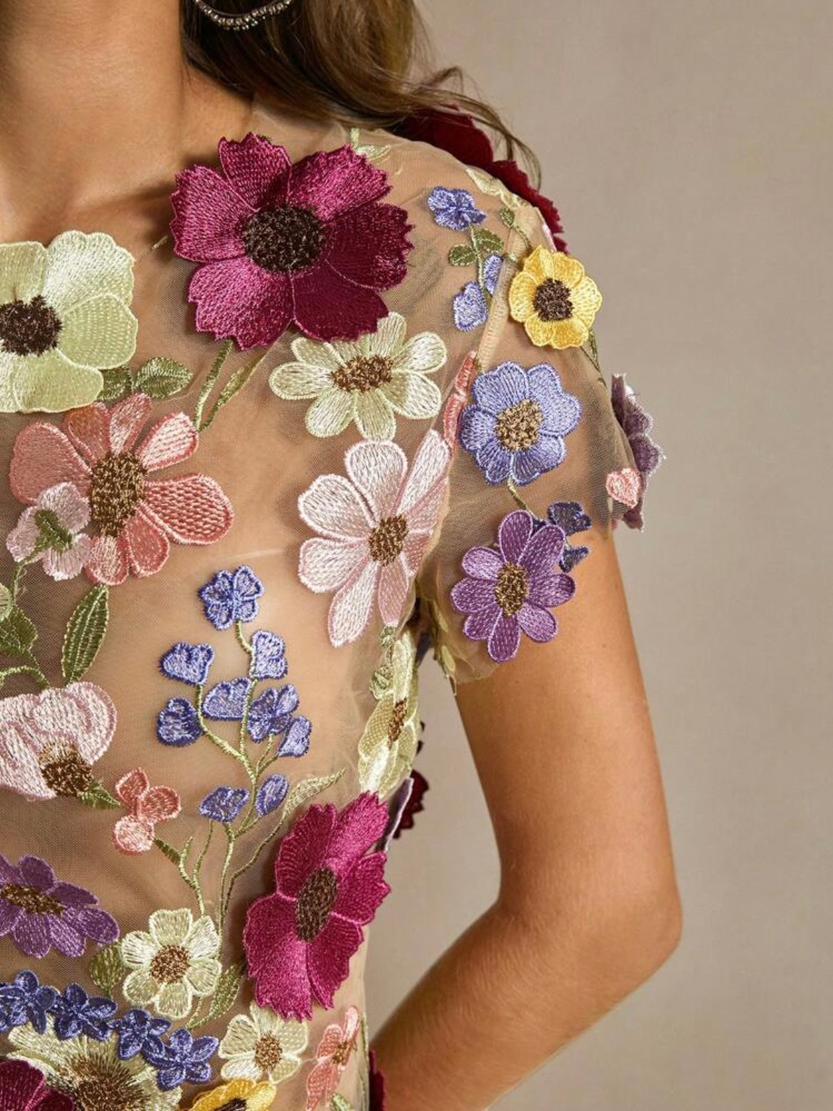 CM-TS941460 Women Elegant Seoul Style Textured Floral Embroidered Top With Multicolor Floral Applique