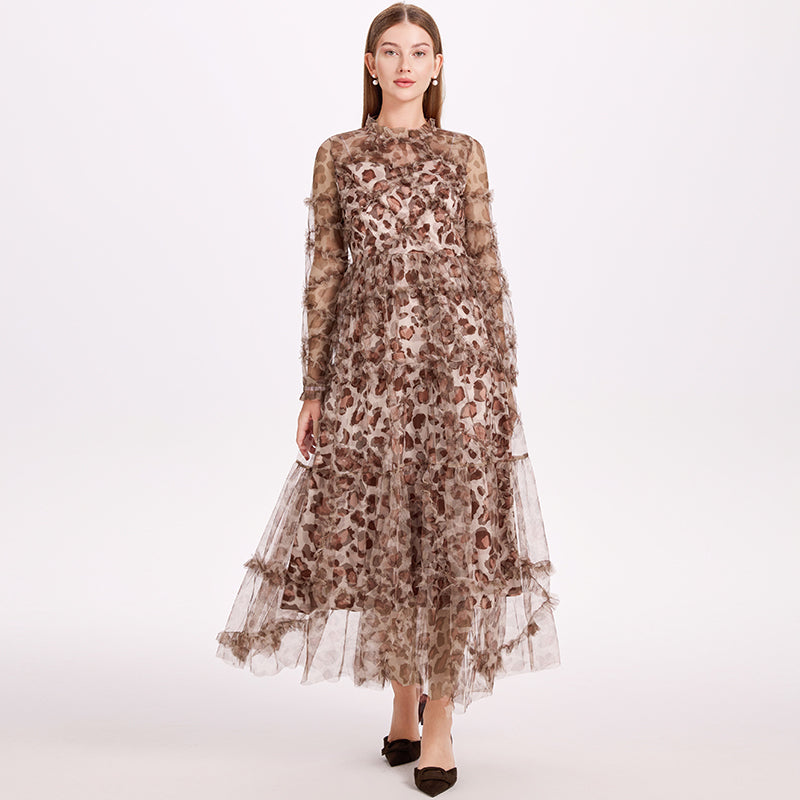 CM-DY052378 Women Elegant European Style Stand Collar Long Sleeve Pinched Waist Gauze Maxi Dress