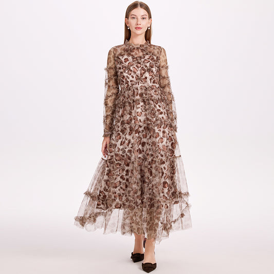CM-DY052378 Women Elegant European Style Stand Collar Long Sleeve Pinched Waist Gauze Maxi Dress