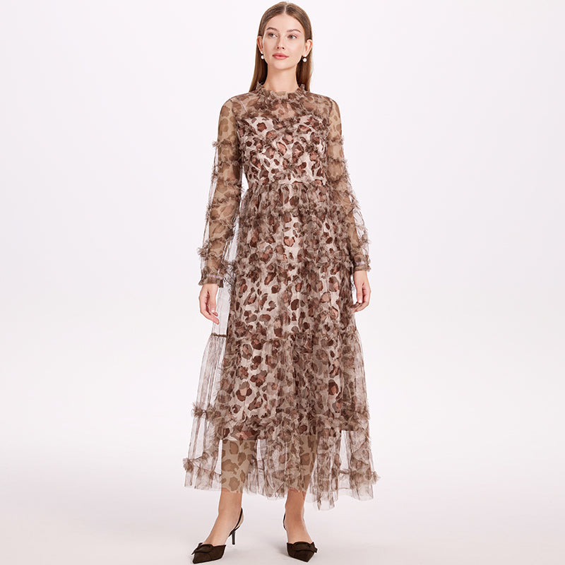 CM-DY052378 Women Elegant European Style Stand Collar Long Sleeve Pinched Waist Gauze Maxi Dress