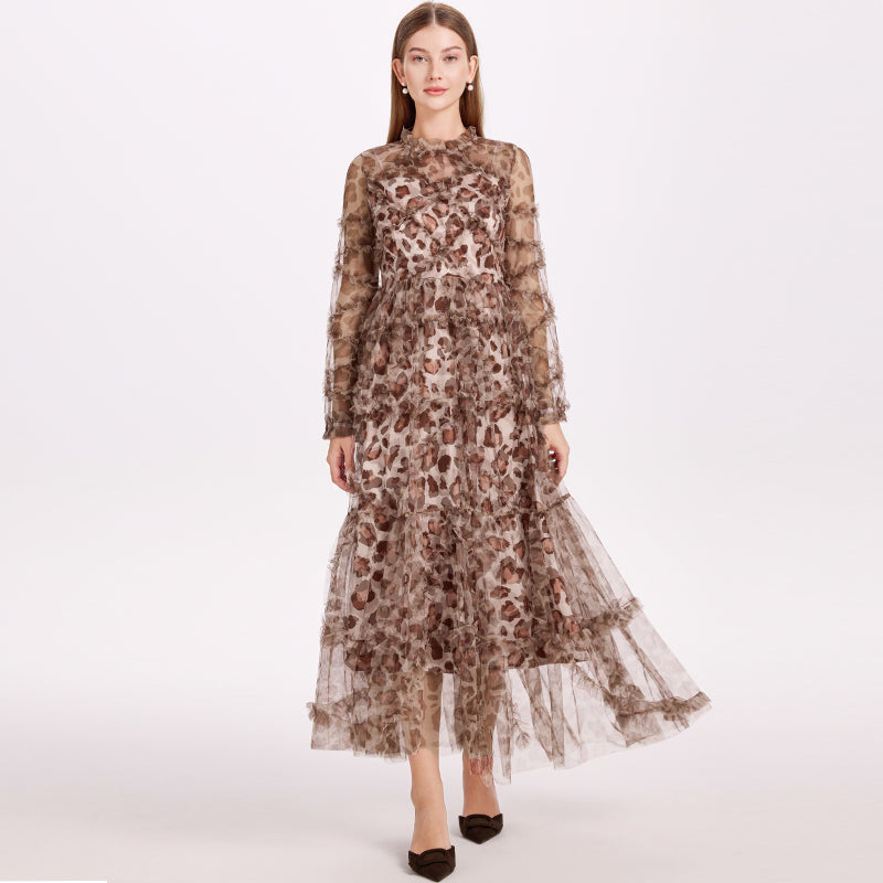 CM-DY052378 Women Elegant European Style Stand Collar Long Sleeve Pinched Waist Gauze Maxi Dress