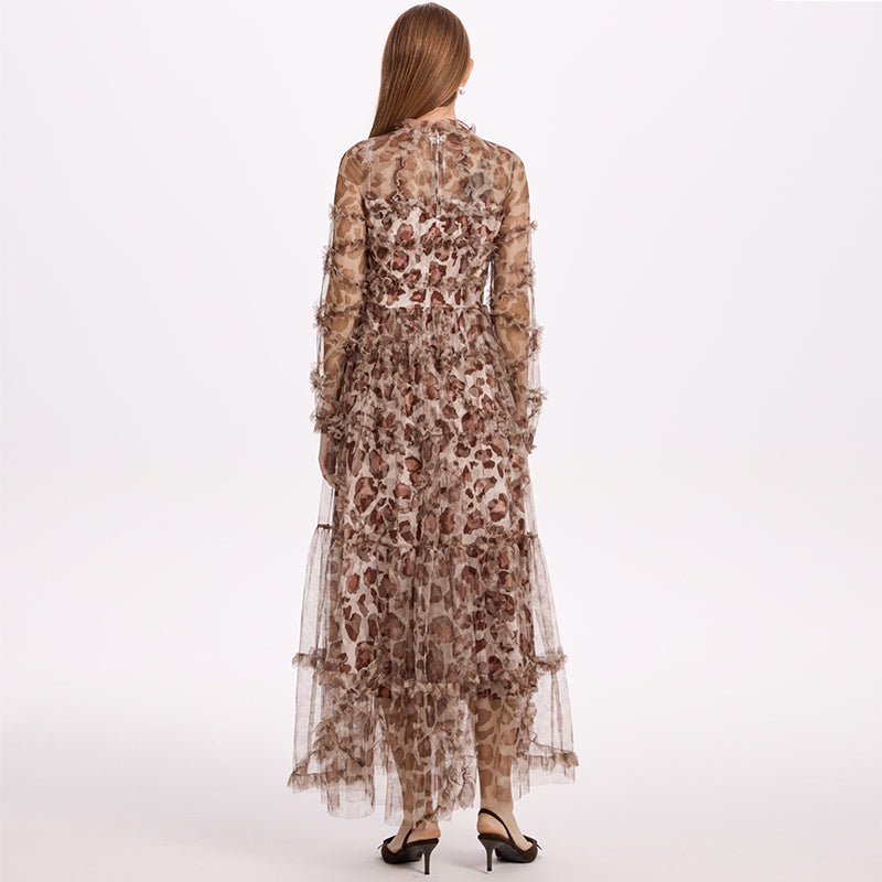 CM-DY052378 Women Elegant European Style Stand Collar Long Sleeve Pinched Waist Gauze Maxi Dress