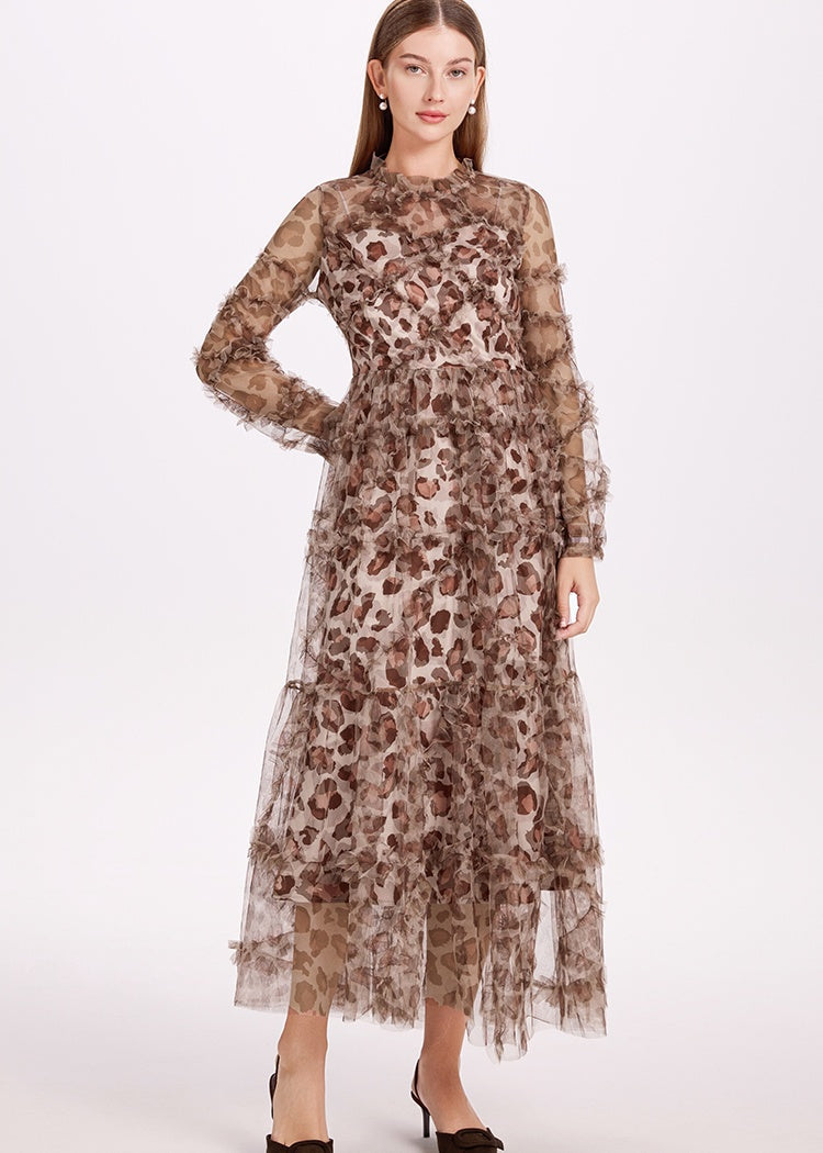 CM-DY052378 Women Elegant European Style Stand Collar Long Sleeve Pinched Waist Gauze Maxi Dress