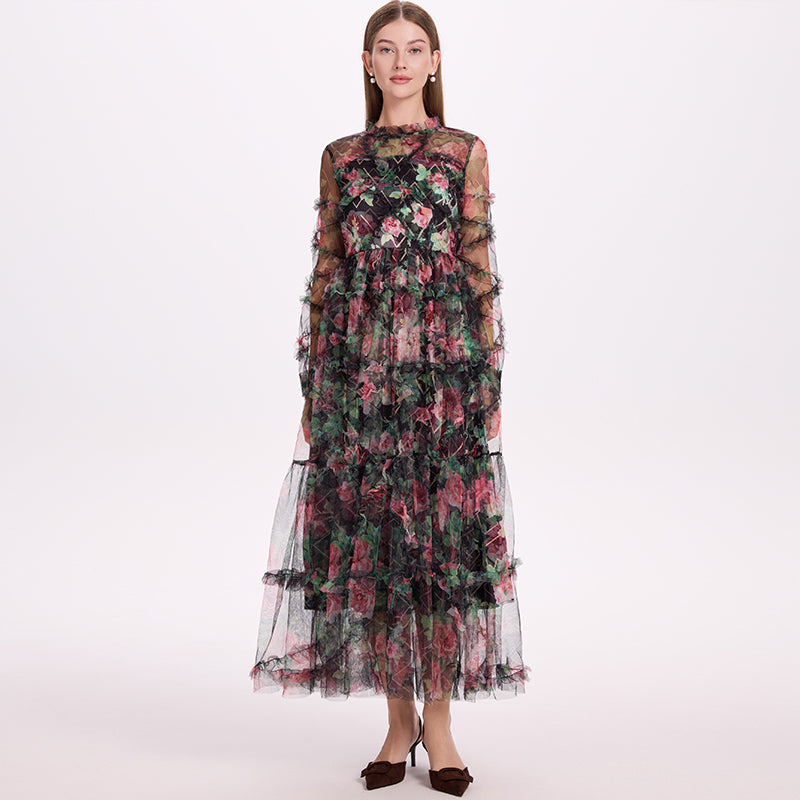 CM-DY052379 Women Elegant European Style Stand Collar Long Sleeve Pinched Waist Gauze Maxi Dress - Black