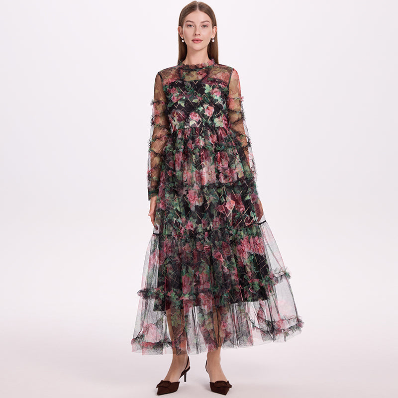 CM-DY052379 Women Elegant European Style Stand Collar Long Sleeve Pinched Waist Gauze Maxi Dress - Black