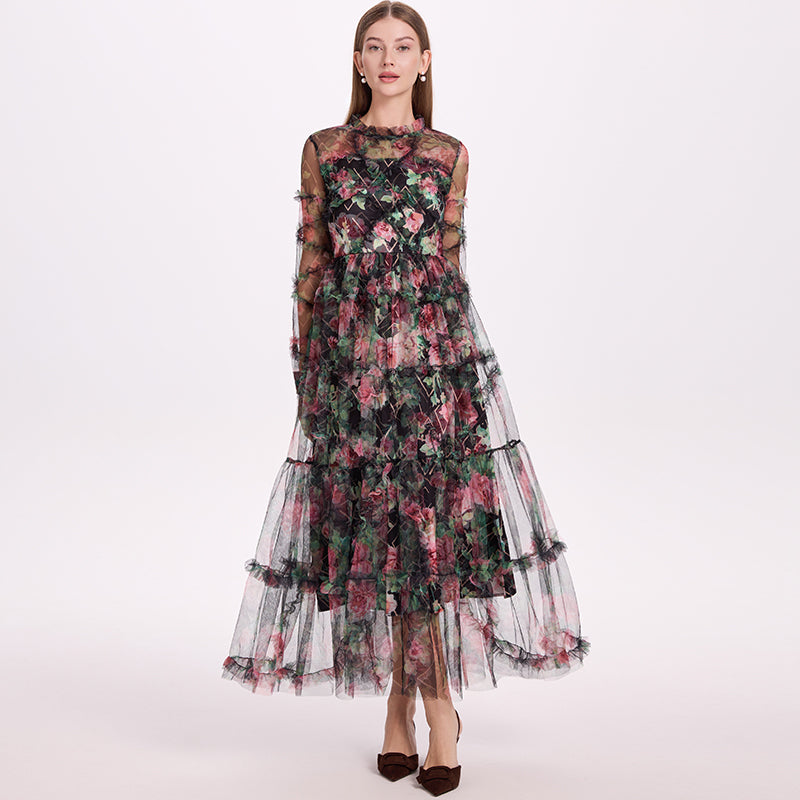 CM-DY052379 Women Elegant European Style Stand Collar Long Sleeve Pinched Waist Gauze Maxi Dress - Black