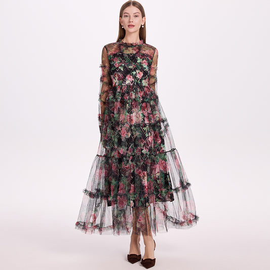 CM-DY052379 Women Elegant European Style Stand Collar Long Sleeve Pinched Waist Gauze Maxi Dress - Black
