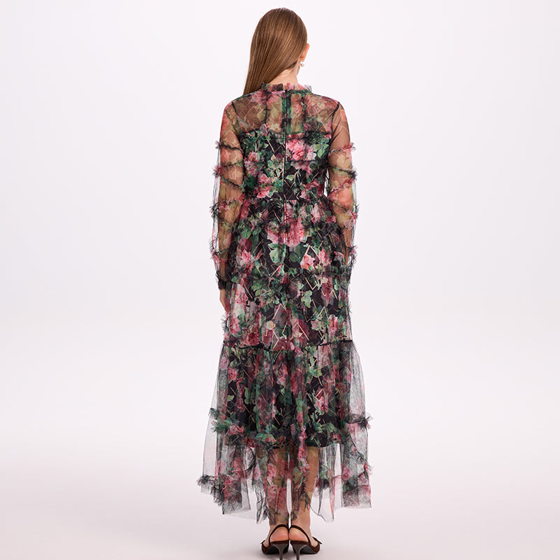 CM-DY052379 Women Elegant European Style Stand Collar Long Sleeve Pinched Waist Gauze Maxi Dress - Black