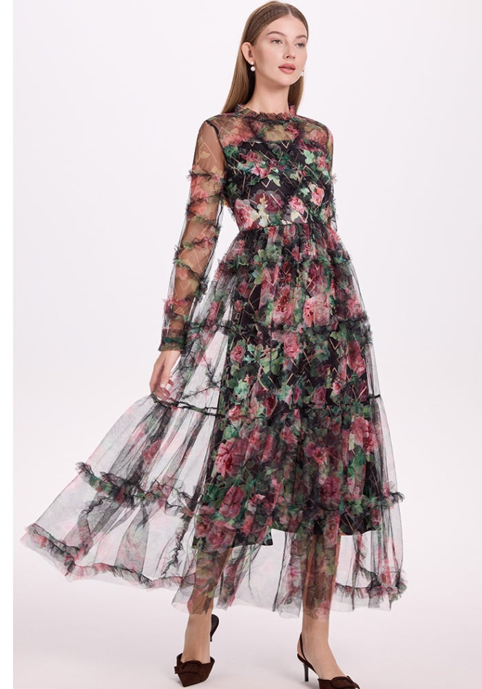 CM-DY052379 Women Elegant European Style Stand Collar Long Sleeve Pinched Waist Gauze Maxi Dress - Black