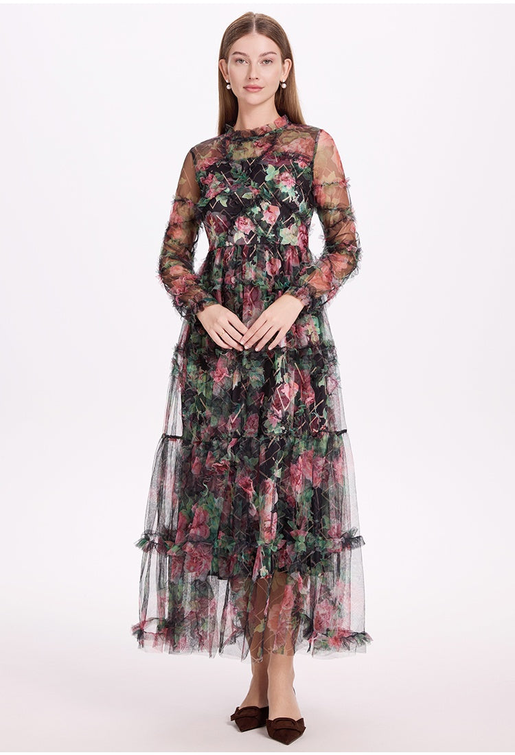 CM-DY052379 Women Elegant European Style Stand Collar Long Sleeve Pinched Waist Gauze Maxi Dress - Black