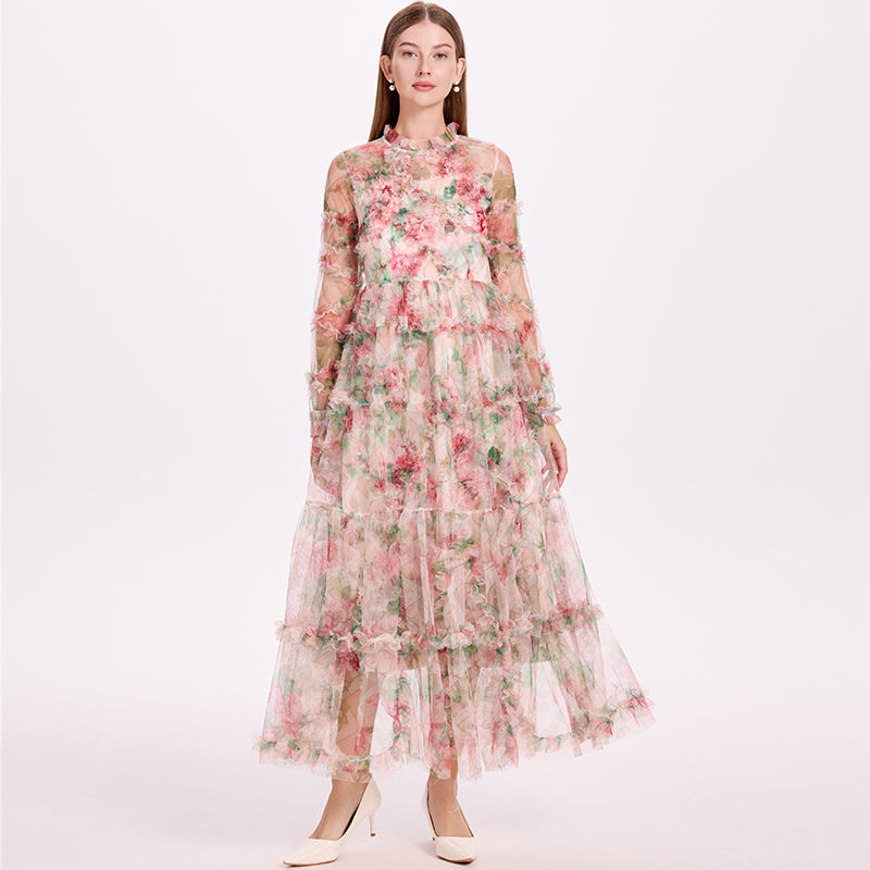 CM-DY052380 Women Elegant European Style Stand Collar Long Sleeve Pinched Waist Gauze Maxi Dress - Apricot