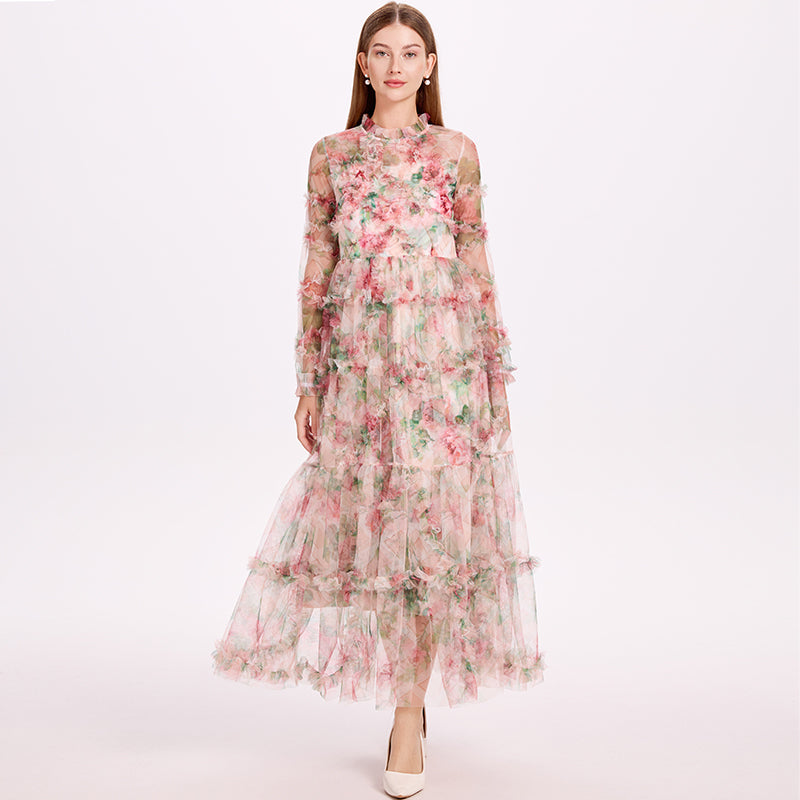 CM-DY052380 Women Elegant European Style Stand Collar Long Sleeve Pinched Waist Gauze Maxi Dress - Apricot