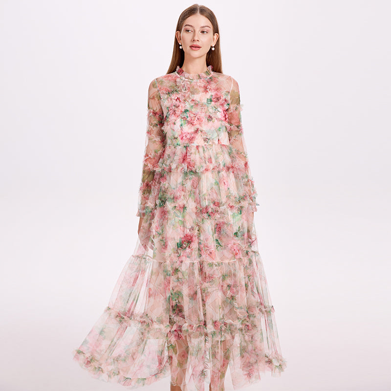 CM-DY052380 Women Elegant European Style Stand Collar Long Sleeve Pinched Waist Gauze Maxi Dress - Apricot