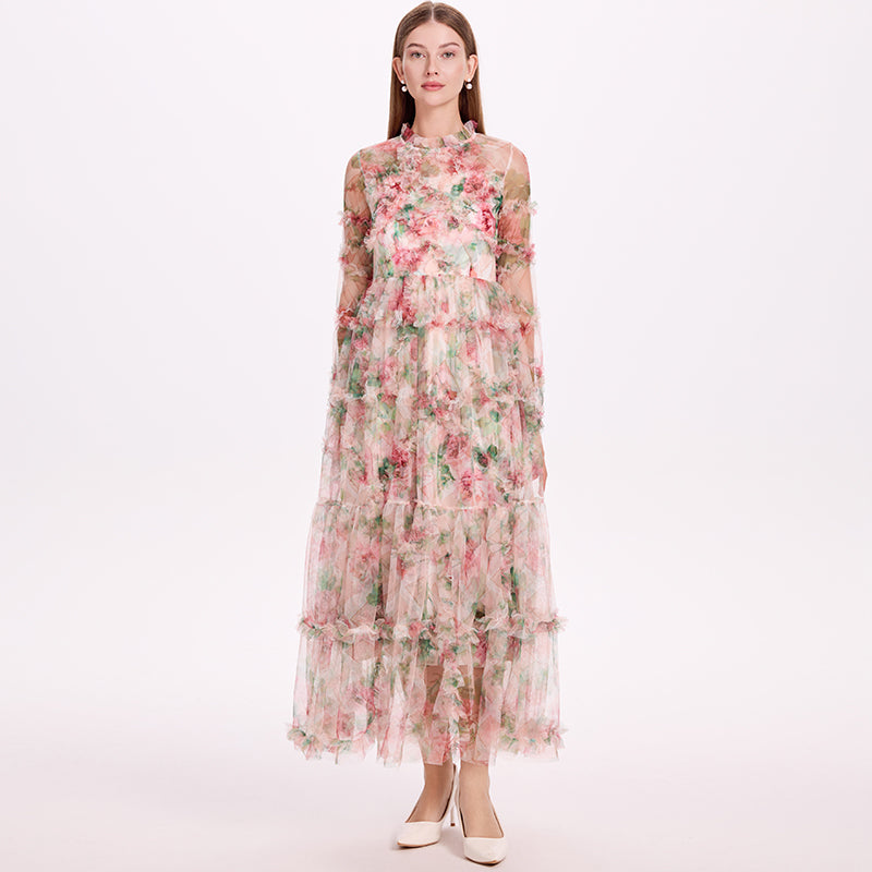 CM-DY052380 Women Elegant European Style Stand Collar Long Sleeve Pinched Waist Gauze Maxi Dress - Apricot