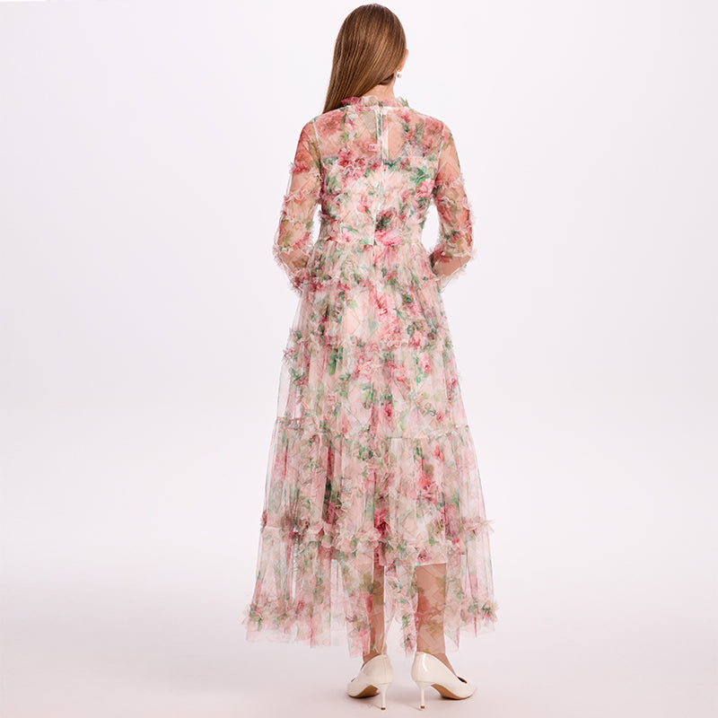 CM-DY052380 Women Elegant European Style Stand Collar Long Sleeve Pinched Waist Gauze Maxi Dress - Apricot