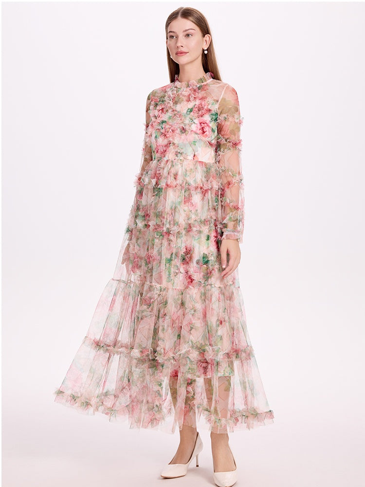 CM-DY052380 Women Elegant European Style Stand Collar Long Sleeve Pinched Waist Gauze Maxi Dress - Apricot