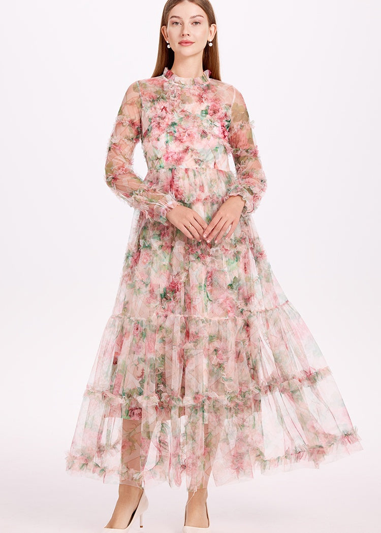 CM-DY052380 Women Elegant European Style Stand Collar Long Sleeve Pinched Waist Gauze Maxi Dress - Apricot