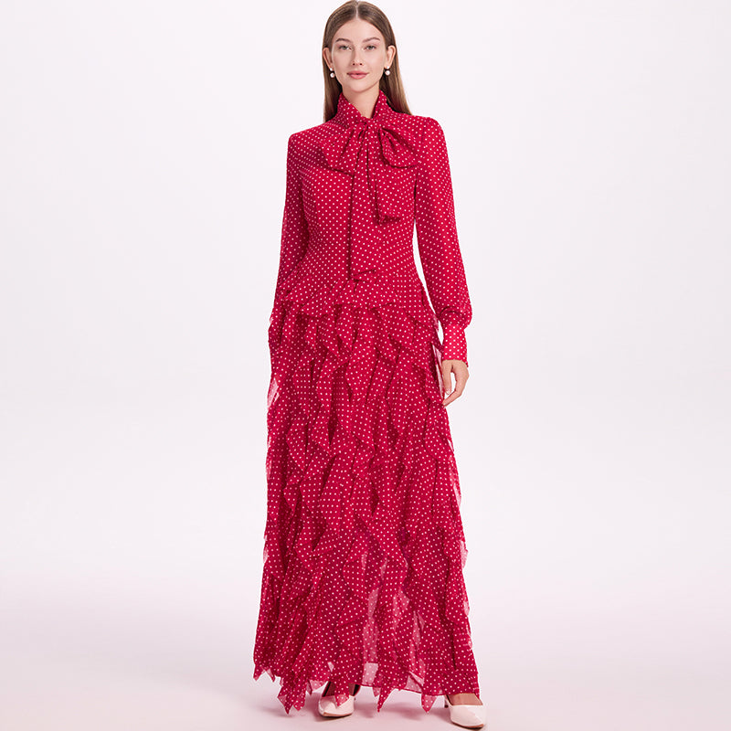 CM-DY052381 Women Elegant European Style Scarf Collar Long Sleeve Polka Dot Maxi Dress - Red