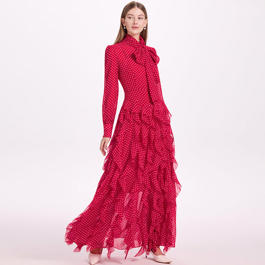 CM-DY052381 Women Elegant European Style Scarf Collar Long Sleeve Polka Dot Maxi Dress - Red