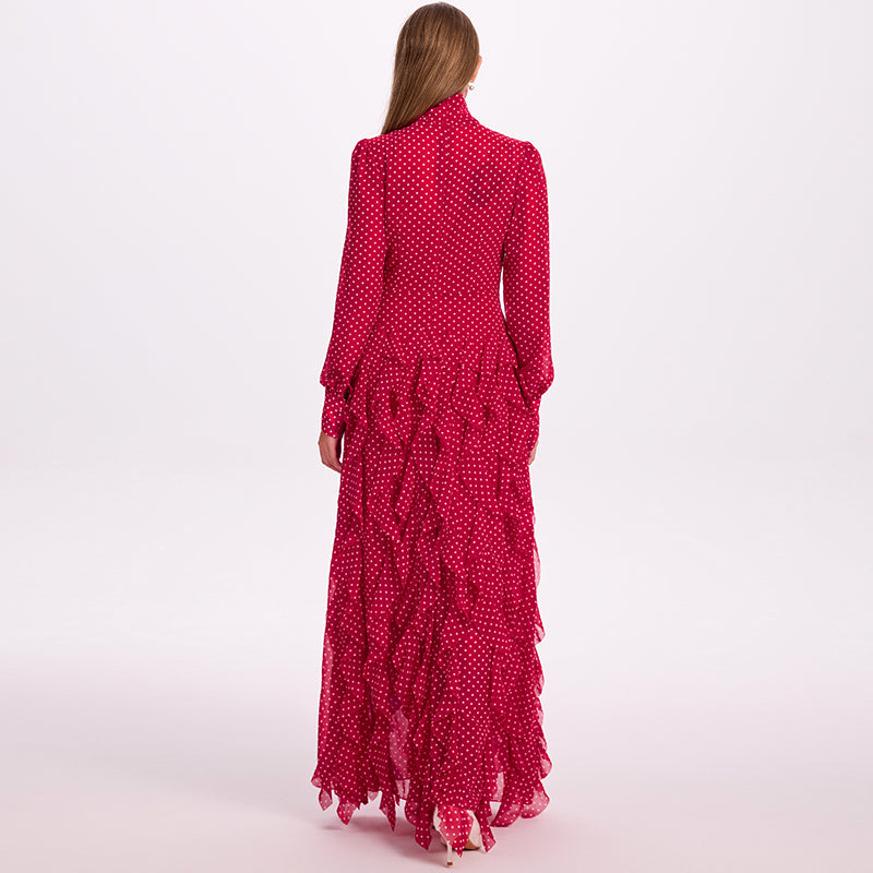 CM-DY052381 Women Elegant European Style Scarf Collar Long Sleeve Polka Dot Maxi Dress - Red