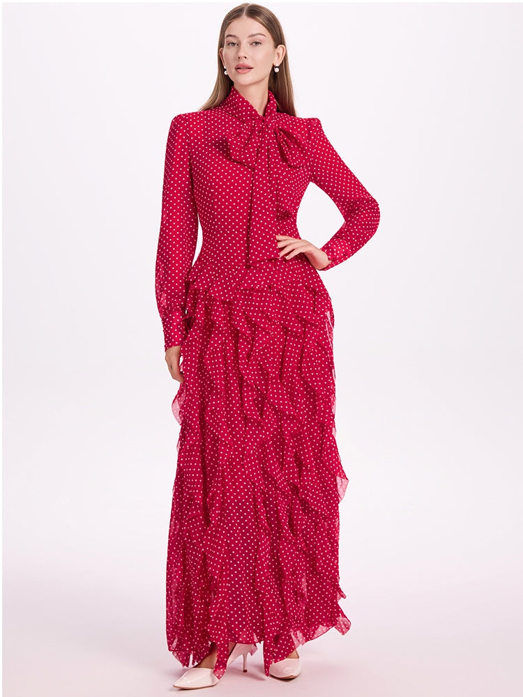 CM-DY052381 Women Elegant European Style Scarf Collar Long Sleeve Polka Dot Maxi Dress - Red