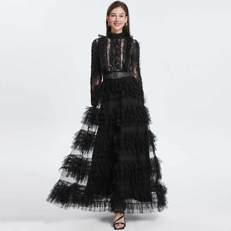 CM-DY052382 Women Elegant European Style Stand Collar Long Sleeve Belted Maxi Cupcake Dress - Black