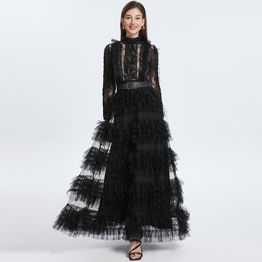 CM-DY052382 Women Elegant European Style Stand Collar Long Sleeve Belted Maxi Cupcake Dress - Black
