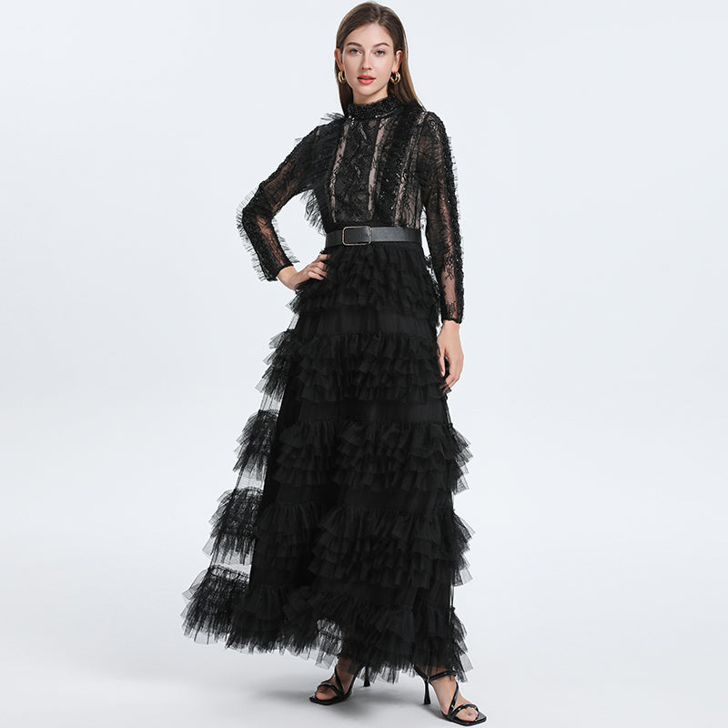 CM-DY052382 Women Elegant European Style Stand Collar Long Sleeve Belted Maxi Cupcake Dress - Black