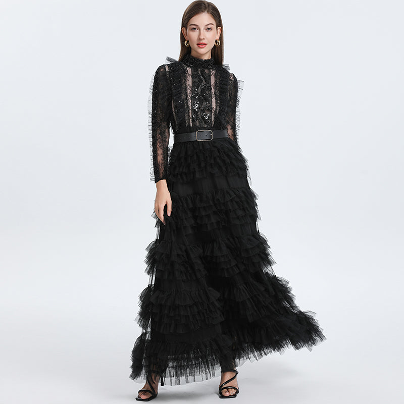 CM-DY052382 Women Elegant European Style Stand Collar Long Sleeve Belted Maxi Cupcake Dress - Black